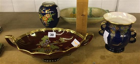 Crown Devon Fieldings - lustre dish, 2 vases and a dish